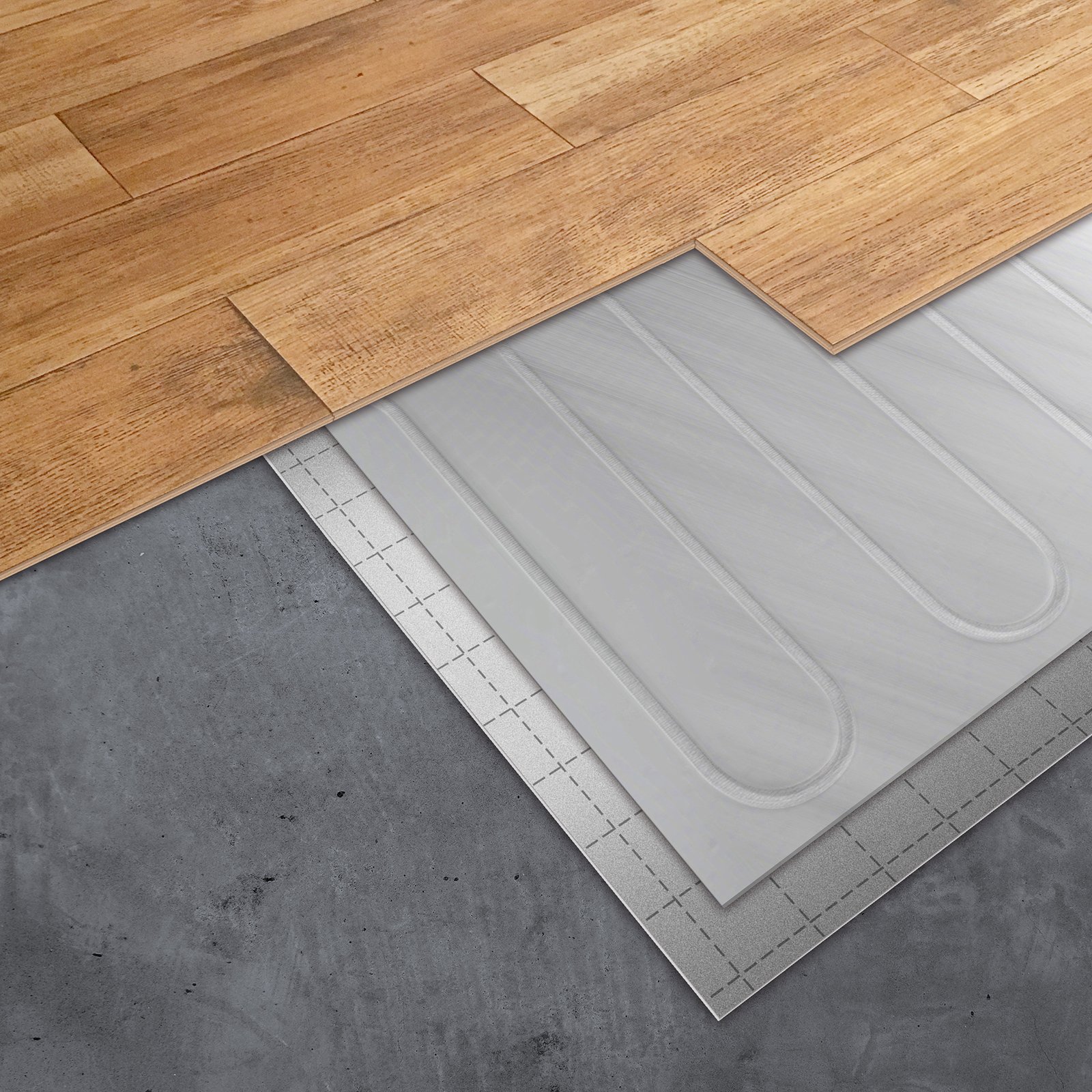Floor heating with aluminium heating mat under laminate or parquet flooring
