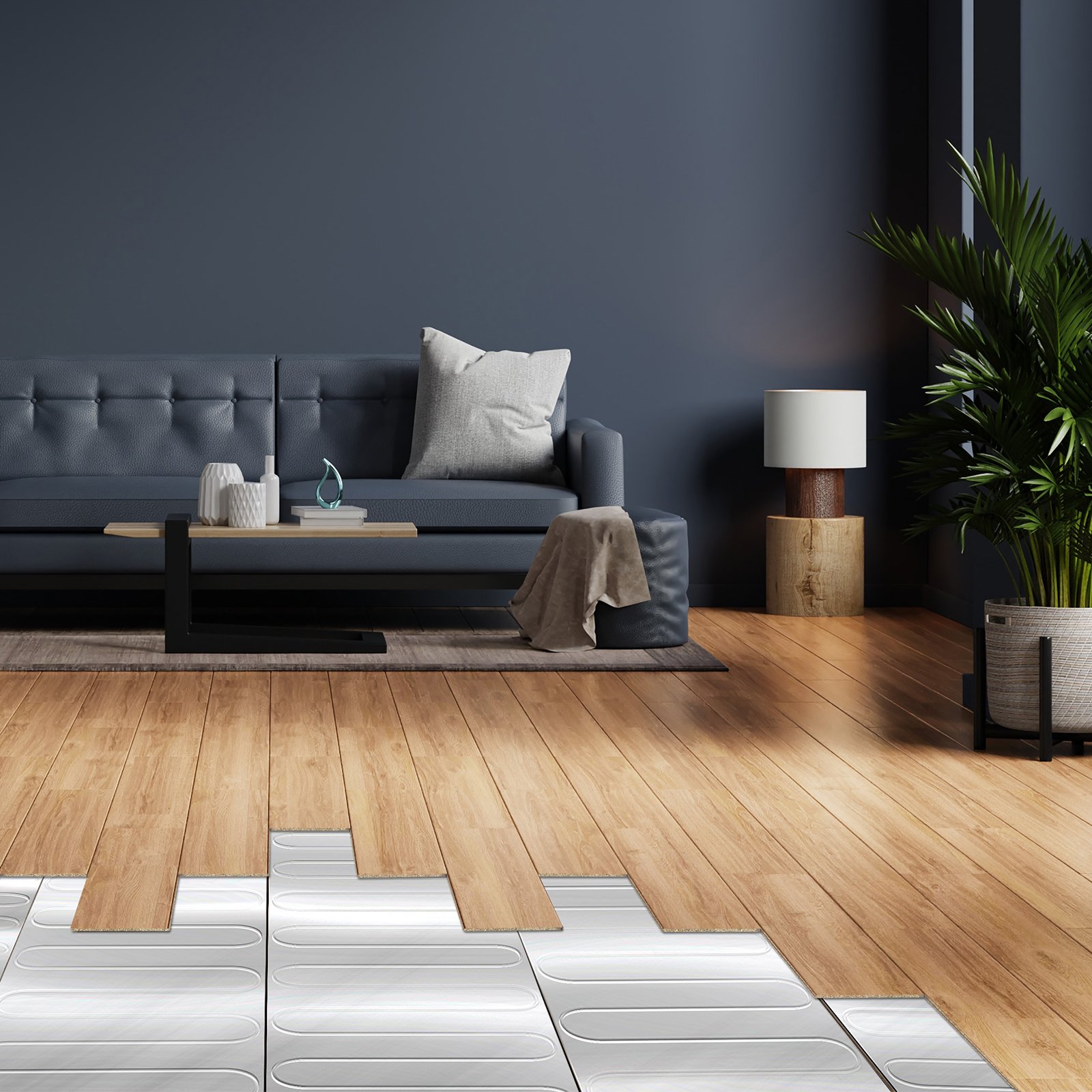 A floating installation of laminate or parquet on an aluminium heating mat