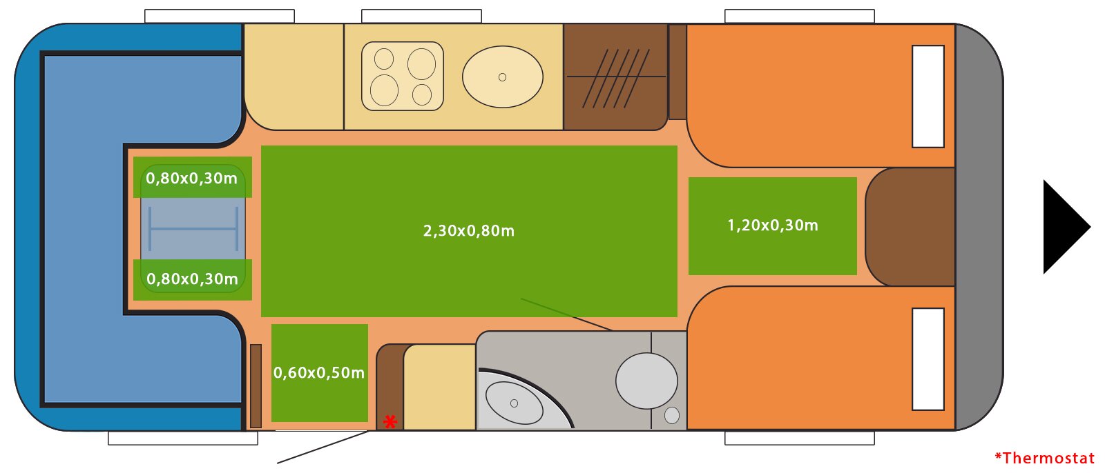 Verlegeplan der Fußbodenheizung im Wohnwagens Hobby Premium 560 UL