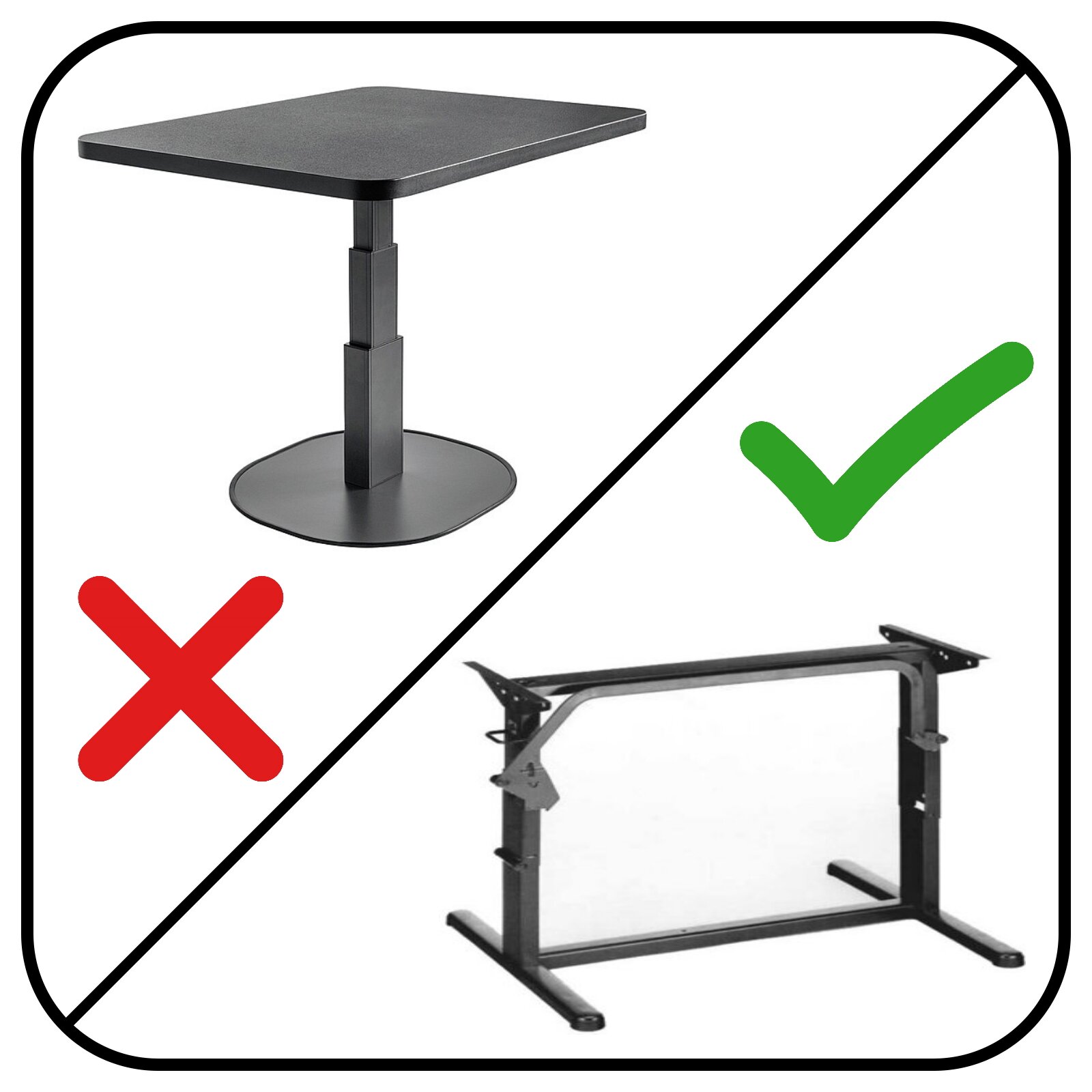 Tische mit H-Gestell sind für eine Fußbodenheizung geeignet, Sockeltische jedoch nicht