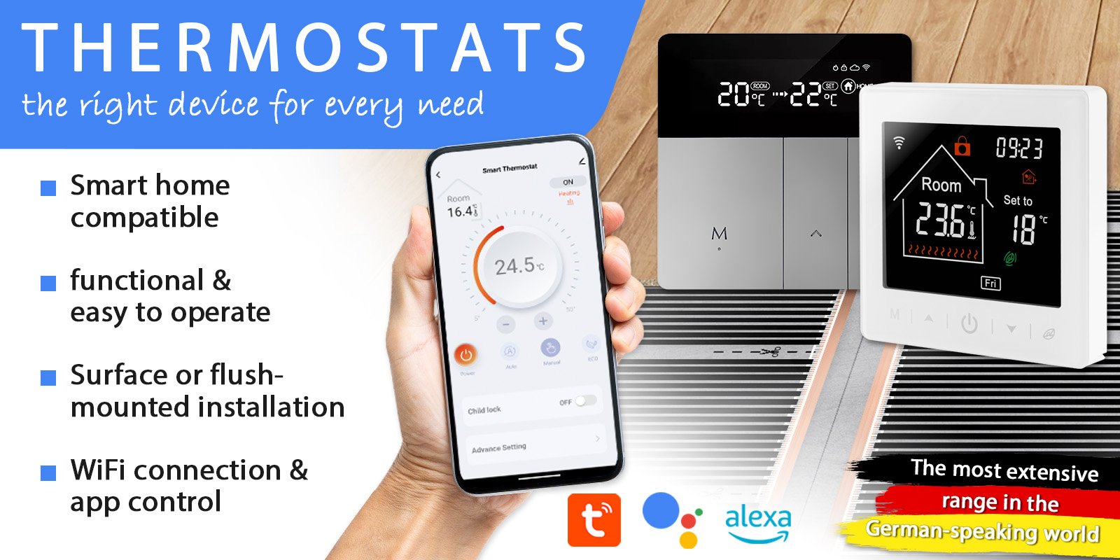 Smart thermostats for electric heating systems and water-guided underfloor heating