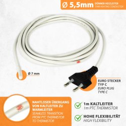 Flexibles Silikon Heizkabel 40W/m 1,0m 5,5mm dünner heizleiter Euro stecker 1m Kaltleiter hohe flexibilität nahtloser übergang von kaltleiter zu warmleiter