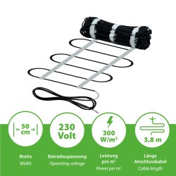 230V Freiflächenheizung ohne Netzträger 300Watt/m² 3m² 50cm Breit Anschlusskabellänge 3,8m