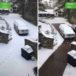 230V Freiflächenheizung ohne Netzträger 300Watt/m² 3m² voher und nachher abgebildet mit beheizte fläche