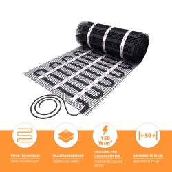 17/5 Black heating mat 150Watt/m² 1-14m², twin-technolohie, glass fiber fabric, 150W/m², width 50cm, 4,0m²