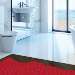 10m² DCM-PRO selbstklebende Entkopplungsmatte im Badezimmer mit Fliesen abgebildet