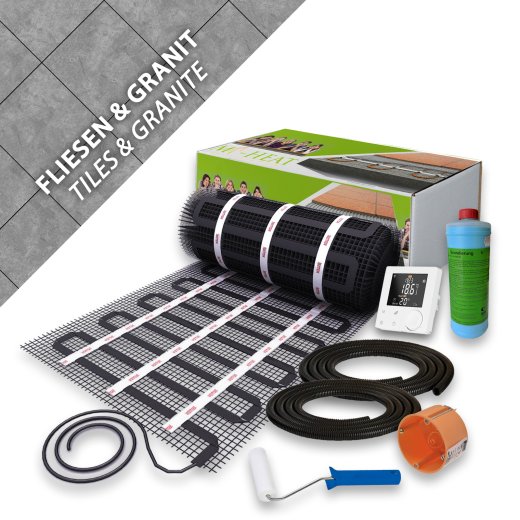 Komplett-Set 200 Watt/m² Heizmatte für Fliese, Granit & Feinsteinzeug Thermostat WiFi Wellrohr Haftgrundierung Farbroller Hohlwanddose, 5,0m²