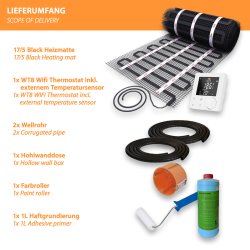 Komplett-Set 200 Watt/m² Heizmatte für Fliese, Granit & Feinsteinzeug lieferumfang, 5,0m²