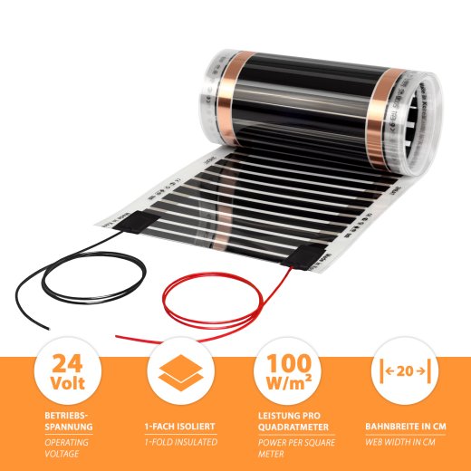 24V Heating Film 20cm wide 100W/m² 3.5m