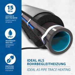 ETM frost protection heating cable 15W/m with thermostat 14.0m IP67 Waterproof Plug in and get started Ideal for pipe trace heating Cable structure shown