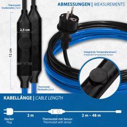 ETM Frostschutz-Heizkabel 15W/m mit Thermostat 14,0m Thermostat abmessung 12x2,5cm kabellänge  kaltleiter 2m heizkabel von 2-48m möglich