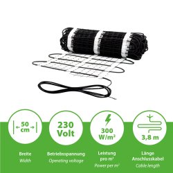 230V Freiflächenheizung für Gussasphalt auf Netzträger 300Watt/m² 8m² 50cm bahnbreite Anschlusskabel 3,8m