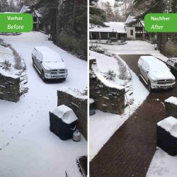 230V Freiflächenheizung für Gussasphalt auf Netzträger 300Watt/m²  8m² vorher und nachher im einfahrt abgebildet