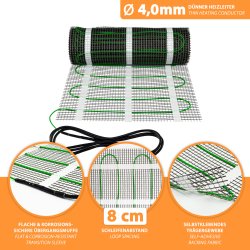 Mi-Heat heating mat silver 200W/m², flat and corrosion-resistant transition sleeve, loop distance 8cm, self-adhesive, thin heating conductor 4.00mm 9,0m²