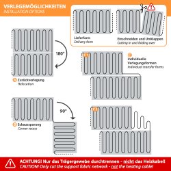 Mi-Heat Heizmatte Silber 200W/m², verlägungsmöglichkeiten, 180°, 90°, individuelle verlegungsformen 9,0m²