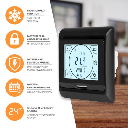 Digitales Unterputzthermostat Thermostat schwarz 8cm Bildschirmdiagonale  für Antriebssteuerung elektrische oder wassergeführte Heizungen :  : Baumarkt