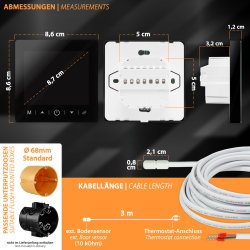 Mi-Heat M2 Wifi Thermostat schwarz Abmessung des Gehäuses und Kabellänge des Bodensensors mit integrieter Raumtemperatursensor
