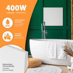IC400-Plus weiß Infrarotheizung 400Watt + Smart1.0 WiFi IP44 spritzwasser geschützt leicht zu reinigen rahmenlos