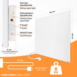 IC400-Plus weiß Infrarotheizung 400Watt + Smart1.0 WiFi kabellänge 1,7m 8kg 5cm dick mit wandhalterung p knopf an und aus taste