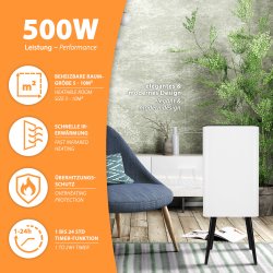 Tower500-Pro Infrarot Heizsäule 500Watt beheizbare raum 5-10m² schnelle IR-Erwärmung überhitzungsschutz 1bis24std timer-funktion