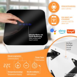 Tower500-Pro Infrarot Heizsäule 500Watt sprachsteuerung per smart app steuerbar google alexa tuya an und aus schalter unten glasoberfläche mit touch