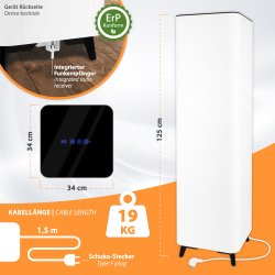 Tower1000-Pro WiFi Infrarot Heizsäule 1000Watt rückseite funkempfänger ErP konform abmessung 125x34x34cm 19kg kabellänge 1,5m