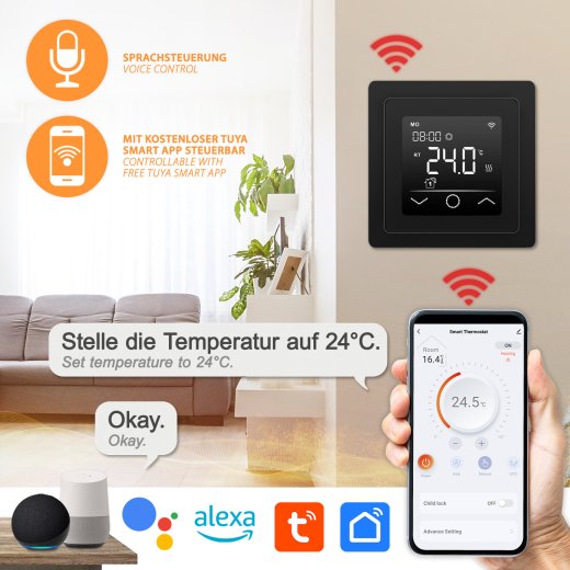 Mi-Heat Mi-750 Black WiFi Smart Thermostat with external floor sensor