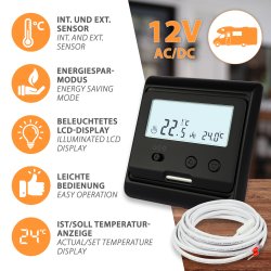 Mi-Heat M3 12V AC/DC Schwarz Funktionen Int und Ext Sensor Beleuchtetes LCD Display Energiesparmodus