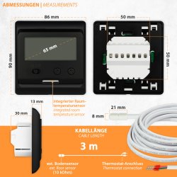 Mi-Heat M3 12V AC/DC Schwarz Abmessung des Gehäuses und Kabellänge des Bodensensors mit integrieter Raumtemperatursensor