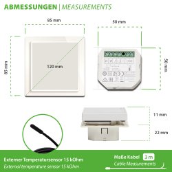 DEVIreg WiFi Thermostat reinweiß Abmessung vom Thermostat und den Temperatursensor