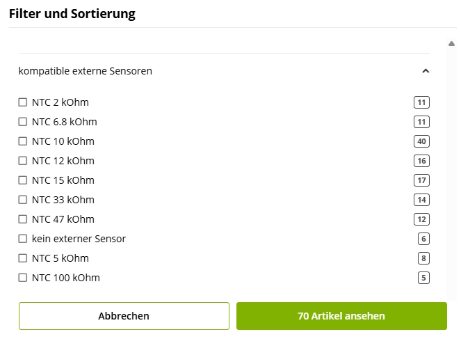 Filterfunktion im Onlineshop